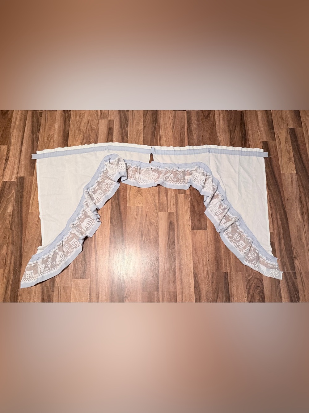 Vintage Lace Cottage School Houses Valance Curtains Window Hearts Light Blue
